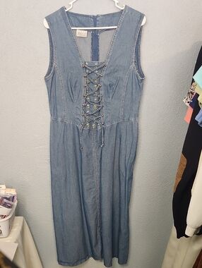Meico Vintage Denim Lace-Up Maxi Dress in Light Blue